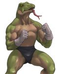  biceps bulge clothing fangs fighting_stance flexing forked_tongue gloves green_eyes green_skin lizard male muscles open_mouth pecs plain_background pose reptile scales scalie shorts solo teeth tongue topless underwear unknown_artist white_background 