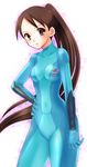  1girl bodysuit breasts brown_eyes brown_hair cosplay kekkaishi long_hair metroid nintendo ponytail ritomo samus_aran samus_aran_(cosplay) star yukimura_tokine zero_suit 