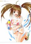  ;d absurdres ahoge azuma_yuki bikini breasts brown_eyes brown_hair checkered checkered_bikini cleavage copyright_request hair_ornament hairclip highres large_breasts one_eye_closed open_mouth red_bikini see-through slippers smile solo swimsuit twintails water water_gun wet wet_clothes 