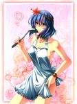  apron apron_lift bell blue_hair blush bracelet breasts collarbone flower frame fuuna_(conclusion) hair_ornament heart highres jewelry ladle large_breasts naked_apron sideboob solo tears touhou yasaka_kanako 