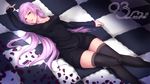 black_legwear character_name checkered din_(raiden) earrings jewelry lace lace-trimmed_thighhighs long_hair lying megurine_luka on_back open_mouth petals pink_eyes pink_hair solo thighhighs vocaloid zettai_ryouiki 