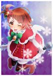  81_(mellowry) :p bell boots brown_eyes brown_hair christmas earrings futami_ami gloves hair_ornament idolmaster idolmaster_(classic) jewelry jingle_bell looking_at_viewer microphone one_eye_closed santa_costume short_hair side_ponytail smile snowflake_earrings snowflakes solo thighhighs tongue tongue_out white_gloves wings 