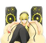  bare_shoulders black_legwear blonde_hair blue_eyes crossed_legs headphones kamitsure_(pokemon) pantyhose pepe_(jonasan) poke_ball pokemon pokemon_(game) pokemon_bw sitting smile solo speaker 