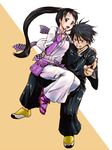  1boy 1girl black_eyes black_hair breasts brown_eyes japanese_clothes kekkaishi knife long_hair open_mouth ponytail shoes short_hair sumimura_yoshimori weapon yukimura_tokine 