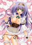  animal_ears aoi_yuuka_(ao_no_kokoro) breasts cat_ears cat_tail green_eyes heart long_hair marker_(medium) medium_breasts nipples open_mouth original panties purple_hair side-tie_panties smile solo tail traditional_media underwear 