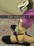  2018 anthro bulge butt camera_view clothed clothing digital_media_(artwork) english_text erection feet fur hair jockstrap legwear linuell linuell_s&#039;eleross looking_at_viewer male meme open_mouth selfie sergal simple_background smile snapchat solo stockings sweater text thigh_highs tongue twitter_hoodie underwear 