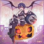  1boy bare_shoulders bodysuit chains collar elbow_gloves gloves horns open_mouth pumpkin purple_background purple_hair red_eyes short_hair violinist_of_hameln vocal_(violinist_of_hameln) wings 