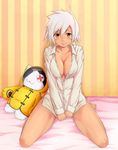  barefoot blazblue blazblue:_chronophantasma blush bottomless breasts bullet_(blazblue) cleavage jubei_(blazblue) large_breasts naked_shirt on_bed scar shirt short_hair sitting solo stuffed_animal stuffed_toy thighs togari1210 v_arms wariza white_hair yellow_eyes 