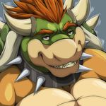  1boy aluminemsiren anthro bowser collar green_skin grin hair horn horns koopa looking_at_viewer male male_focus mario_(series) mario_bros nintendo no_humans orange_skin portrait red_eyes red_hair reptile rrowdybeast scalie sharp_teeth shell smile solo spiked_collar spikes super_mario_bros. teeth turtle video_games 