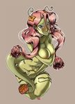  antennae blue_eyes blush breasts cleavage covering covering_breasts covering_crotch embarrassed flower green_skin highres johnrokk large_breasts long_hair monster_girl navel nude original pink_hair plant simple_background solo tail tassel twintails vines wide_hips 
