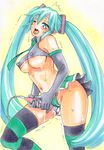  aqua_eyes aqua_hair blush breasts calligraphy_brush_(medium) clothed_masturbation covered_nipples elbow_gloves gloves hatsune_miku hitachi_magic_wand large_breasts long_hair masturbation millipen_(medium) navel necktie one_eye_closed open_mouth panties rodeorodeo skirt solo striped striped_legwear sweat tears thighhighs tongue traditional_media trembling twintails underwear very_long_hair vibrator vocaloid 