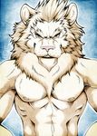  abstract_background aluminemsiren anthro biceps blue_eyes feline fur grin lion looking_at_viewer male mammal muscles nipples pecs portrait solo teeth topless white_fur 