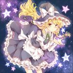  apron bad_id bad_pixiv_id blonde_hair bow braid hat hat_bow kirisame_marisa long_hair miiko_(somnolent) ribbon single_braid solo star touhou waist_apron witch_hat yellow_eyes 