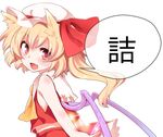  animal_ears asa_(coco) ascot blonde_hair cat_ears fang flandre_scarlet hat kemonomimi_mode open_mouth red_eyes shirt short_hair side_ponytail simple_background sleeveless sleeveless_shirt smile solo touhou translated white_background wings 