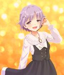  :d adjusting_hair blurry blush bokeh brown_eyes depth_of_field dress hair_ornament hairclip highres idolmaster idolmaster_cinderella_girls jewelry koshimizu_sachiko looking_at_viewer m-shiganai necklace open_mouth orange_background purple_hair short_hair smile solo 