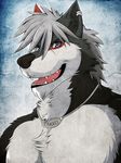  abstract_background aluminemsiren anthro black_fur black_nose blue_eyes canine fur grey_hair hair looking_at_viewer male mammal muscles open_mouth pecs piercing portrait red_fur smile solo teeth tongue white_fur wolf 
