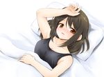  alternate_costume blush breasts brown_eyes brown_hair cleavage hand_on_own_head looking_at_viewer lying marugoshi_(54burger) medium_breasts no_hat no_headwear open_mouth pillow shameimaru_aya solo sweat tank_top touhou under_covers 