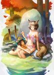  animal_ears blue_eyes brown_hair bucket bug butterfly forest highres insect leaf long_hair multiple_girls narongchai_singhapand nature original short_hair smile stone tail tree underwear water white_eyes 