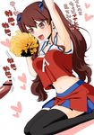  1girl akazawa_izumi another armpits arms_up breasts brown_eyes brown_hair censored cheerleader happy kneeling large_breasts long_hair navel open_mouth penis pointless_censoring pom_poms skirt socks translation_request twintails 