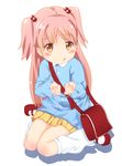  :q bag blush brown_eyes child cupping_hands full_body hair_bobbles hair_ornament handbag highres kindergarten_bag kindergarten_uniform long_hair loose_socks mary_janes mikane_sebiri original pink_hair red_footwear shirogane_(seemee) shoes simple_background skirt smile socks solo tongue tongue_out two_side_up white_background 