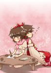  bad_id bad_pixiv_id blush bow brown_hair chabudai_(table) cup detached_sleeves hair_bow hair_tubes hakurei_reimu hat highres multiple_girls newspaper non_(z-art) paper pencil scarf shameimaru_aya short_hair sleeping table tokin_hat touhou wings 