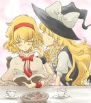  alice_margatroid bad_id bad_pixiv_id blonde_hair book cookie couple cup food hat kirisame_marisa multiple_girls non_(z-art) plate reading ribbon table touhou witch_hat yuri 