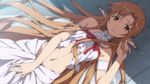  asuna_(sao) bare_shoulders brown_eyes brown_hair dress ear_covers elf end_card highres kanzaki_hiro long_hair midriff navel non-web_source pointy_ears screencap solo sword_art_online titania_(sao) very_long_hair 