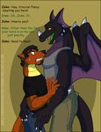  biceps big black_dragon black_scales claws clothing croc_(crocdragon89) crocdragon89 dragon duo english_text fangs gay green_eyes grope horn male muscles open_mouth pecs pose purple_skin scalie size_difference surprise text wings zeke_(crocdragon89) 