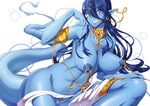  1girl armlet between_breasts between_legs blue_hair blue_skin breasts female jeibii jewelry large_breasts long_hair lots_of_jewelry magi_the_labyrinth_of_magic nail_polish navel nipple_piercing nipples nude paimon piercing pointy_ears puffy_nipples purple_eyes pussy simple_background solo tail thighs uncensored white_background 