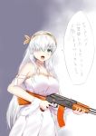  1girl ak-47 anastasia_(fate/grand_order) assault_rifle blue_cloak blue_eyes breasts brown_hairband dress fate/grand_order fate_(series) finger_on_trigger fur_trim gun hair_ornament hair_over_one_eye hairband highres holding holding_gun holding_weapon large_breasts leaf_hair_ornament long_hair potato_monsta rifle silver_hair solo translation_request very_long_hair weapon white_dress 