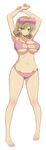  absurdres armpits arms_up barefoot bikini blush bow breasts cleavage curly_hair full_body green_eyes hair_bow hair_ribbon haruka_(senran_kagura) highres large_breasts light_brown_hair light_smile naughty_face navel official_art pink_bikini pink_ribbon ribbon scan senran_kagura senran_kagura_shoujo-tachi_no_shin'ei simple_background solo standing string_bikini swimsuit torii_takashi underboob white_background 