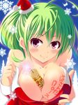  ahoge between_breasts blush breasts cleavage firecrackers green_hair hat large_breasts mini_hat original ponytail purple_eyes santa_costume santa_hat short_hair smile snowflakes solo takanashi_haruto translation_request 