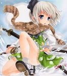  :o bare_legs black_hairband blue_eyes bobby_socks ghost hairband hitodama katana konpaku_youmu konpaku_youmu_(ghost) looking_away mary_janes scabbard scarf sheath shikishi shoes short_hair silver_hair socks solo sword thighs touhou traditional_media weapon winter yukitsuki_kokoro 