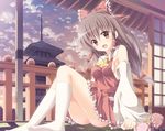  architecture ascot bare_shoulders blush bow breasts brown_eyes brown_hair detached_sleeves east_asian_architecture francis_de_lariatte hair_bow hair_tubes hakurei_reimu long_hair looking_at_viewer medium_breasts no_bra open_mouth pagoda sideboob sitting skirt smile solo touhou 