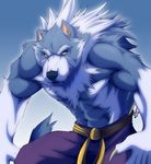  abstract_background aluminemsiren anthro belt biceps black_nose blue_fur canine chest_tuft claws clothed clothing crouching darkstalkers fangs fur half-dressed jon_talbain looking_at_viewer male mammal mane muscles pants pecs pose solo topless tuft video_games white_fur wolf yellow_eyes 