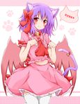  animal_ears bat_wings bell blush bow cat_ears cat_tail clenched_hands hair_bow highres karamoneeze kemonomimi_mode looking_at_viewer navel pink_eyes purple_hair red_eyes remilia_scarlet shirt skirt skirt_set smile solo speech_bubble tail tail_bell thighhighs touhou white_legwear wings 