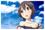  :o akino_sora blush breasts brown_hair cleavage cloud day medium_breasts miyafuji_yoshika school_swimsuit short_hair sky solo strike_witches swimsuit undressing world_witches_series yellow_eyes 