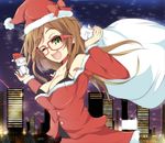  ;d bad_id bad_pixiv_id blush breasts brown_hair building christmas collarbone glasses green_eyes hat holding large_breasts long_hair looking_at_viewer one_eye_closed open_mouth original sack santa_costume santa_hat skirt skyscraper smile solo sparkle velia 