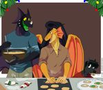  biceps big black_dragon black_horns black_scales black_skin christmas claws clothing cookie cooking crocdragon89 dragon fangs freki_(crocdragon89) fur green_eyes holidays horn laugh male muscles open_mouth pose purple_skin reptile scalie size_difference wings yellow_dragon zeke_(crocdragon89) 