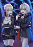  2girls artoria_pendragon_(fate) bangs bare_legs belt blush boots breasts collarbone eating eyebrows_behind_hair eyebrows_visible_through_hair fate/grand_order fate/stay_night fate_(series) food grey_hair hair_ribbon highres holding holding_food jacket jeanne_d&#039;arc_(alter)_(fate) jeanne_d&#039;arc_(fate) jet_black_king_of_knights_ver._shinjuku_1999 long_hair looking_at_another mouth_hold multiple_girls neck night night_sky open_mouth ponytail ribbon saber_alter shirt short_hair shorts sii_artatm silver_hair skirt sky smile wicked_dragon_witch_ver._shinjuku_1999 yellow_eyes 