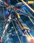  bandai beam_rifle character_name cover energy_gun english fake_cover flying glowing glowing_eyes green_eyes gun gundam gundam_wing logo mecha no_humans weapon wing_gundam_zero wings 