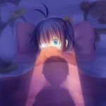  ahoge bad_id bad_pixiv_id bed_sheet blanket blue_eyes blue_hair blush chuunibyou_demo_koi_ga_shitai! covering_mouth dark eyepatch hair_ribbon highres looking_at_viewer one_side_up open_door pillow ribbon shadow shirt short_hair sleeves_past_wrists solo stuffed_toy t-shirt takanashi_rikka you_gonna_get_raped zinczinc_ka 