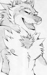  anthro black_nose canine chest_tuft eyes_closed fur greyscale laugh male mammal monochrome muscles nipples orion orion_(aluminemsiren) pecs portrait sketch solo teeth tuft wolf 