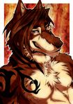  aluminemsiren anthro black_nose brown_eyes brown_fur brown_hair canine chest_tuft fur hair looking_at_viewer male mammal muscles nipples pecs portrait smile solo tattoo teeth tuft white_fur wolf 