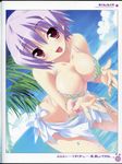  1girl :d absurdres bent_over bikini breasts cleavage dutch_angle highres kannagi_rei melilot open_mouth purple_hair red_eyes sarong smile solo swimsuit twinkle_crusaders twinkle_crusaders_gogo! 