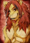  abstract_background aluminemsiren anthro beard biceps black_hair brown_fur chest_tuft facial_hair feline fur hair lion male mammal muscles nipples pecs portrait red_eyes red_hair smile solo teeth topless tuft white_fur 