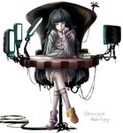  black_hair book chair character_name copyright_name crossed_legs desk gears green_hair hiyajou_maho hood hoodie jitome long_hair md5_mismatch mismatched_footwear mouth_hold pen screen sitting solo steins;gate tabix0819 very_long_hair 
