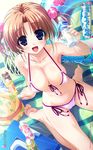  amatsu_misora_ni! barefoot belly_button bikini blush breasts brown_hair cleavage feet food fruit highres kanzaki_miyu large_breasts legs light_brown_hair navel open_mouth purple_eyes shintaro shintarou smile soles stomach sweat swimsuit toes water watermelon 