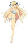  absurdres barefoot bikini blonde_hair blue_ribbon blush breast_press breasts cleavage full_body green_eyes grin hair_ribbon highres katsuragi_(senran_kagura) large_breasts leg_hold leg_lift long_hair looking_at_viewer navel official_art ribbon scan senran_kagura senran_kagura_shoujo-tachi_no_shin'ei side-tie_bikini simple_background smile solo standing standing_on_one_leg string_bikini striped striped_bikini swimsuit teeth toes torii_takashi underboob white_background 