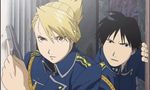  1boy 1girl animated animated_gif black_eyes black_hair black_shoes blonde_hair boots brown_eyes fullmetal_alchemist gun handgun lowres military military_uniform pistol riza_hawkeye roy_mustang shoes tripping uniform weapon 